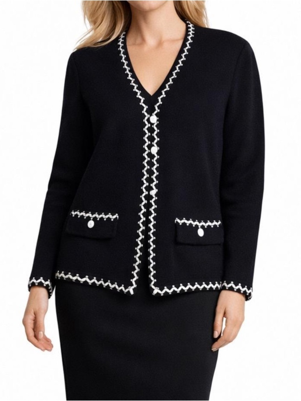 St. John Santana Knit Contrast Rickrack Jacket Size 4 Luxury Academic business